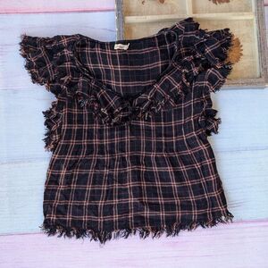 Faherty Yosepha Harper Red‎ Plaid Ruffle Top Small Boho Flowy Holiday Rustic